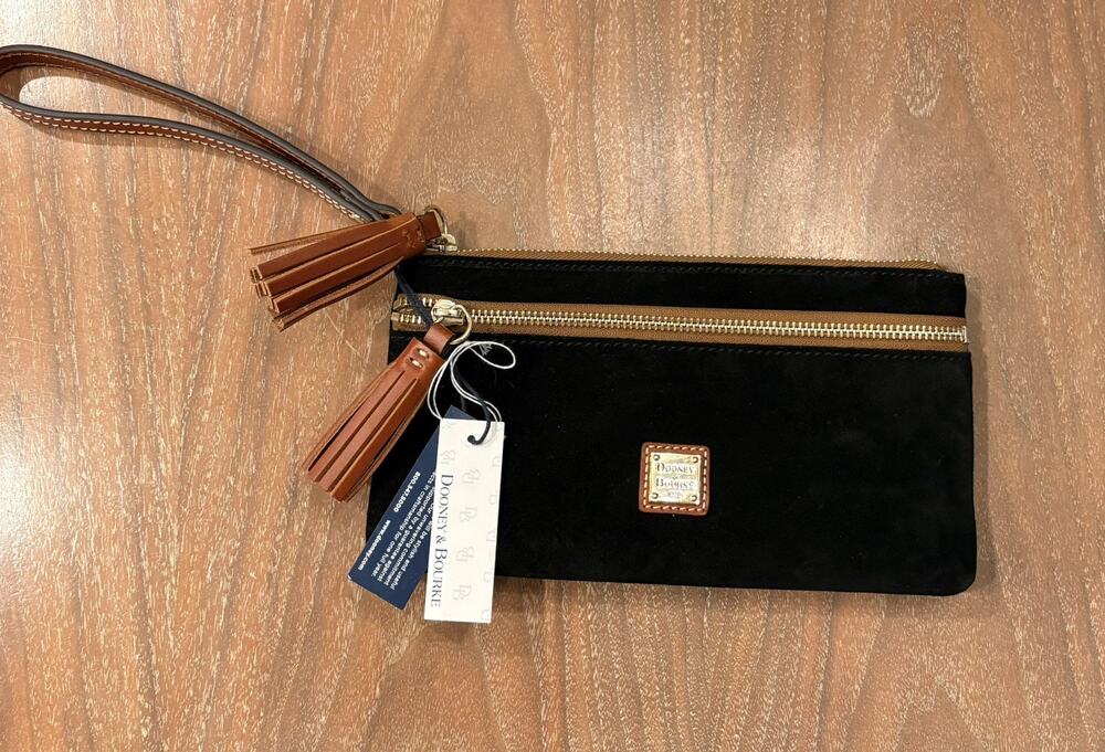 NWT Dooney & Bourke Black Suede Double Zip Wristlet Wallet Clutch Gold Brown